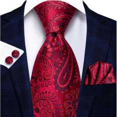 Set cravata rosie + batista + butoni - matase, tesatura Jaquard - model 10