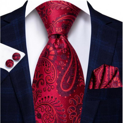 Set cravata rosie + batista + butoni - matase, tesatura Jaquard - model 10 foto