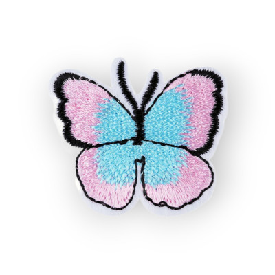 Aplicatie termoadeziva brodata, 36 x 40 mm, Fluture roz deschis si bleu foto