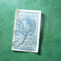 Timbru Fiscal Romania 1934 Carol II , val. 3 lei stampilat