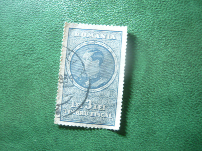Timbru Fiscal Romania 1934 Carol II , val. 3 lei stampilat
