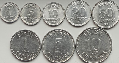 set 8 Brazilia 1, 5, 10, 20, 50 centavos 1, 5, 10 cruzados 1986 - 1988 UNC A025 foto