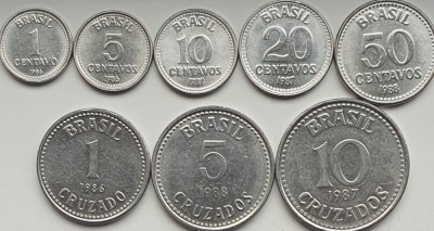 set 8 Brazilia 1, 5, 10, 20, 50 centavos 1, 5, 10 cruzados 1986 - 1988 UNC A025 foto