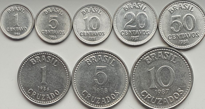 set 8 Brazilia 1, 5, 10, 20, 50 centavos 1, 5, 10 cruzados 1986 - 1988 UNC A025