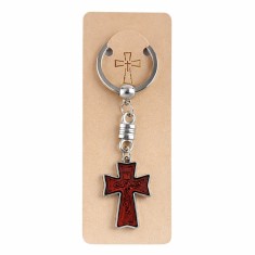Breloc religios cruce din lemn cu figurina Isus, breloc crestin cu inel metalic pentru chei, accesoriu spiritual compact
