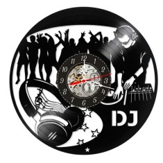 Ceas de perete decorativ realizat manual din disc de vinil, handmade, tematica DJ si Muzica, ideal cadou pentru DJ, muzicieni si pasionati de clubbing