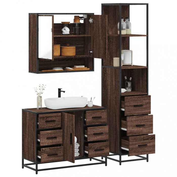 vidaXL Set mobilier de baie, 3 piese, stejar maro, lemn prelucrat 3301174