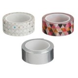 Benzi adezive decorative Washi Tape, 3 buc, 5m x 1,5cm, argintii cu forme, CMCLASS