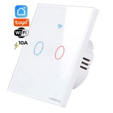 Cumpara ieftin Intrerupator inteligent cu touch, rama sticla, Wifi, Tuya, Smart Life, 2 canale, 10A, Alb