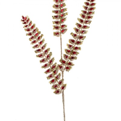 Creangă Decorativă Crăciun, Frunze Aurii, Cristale Roșii, 88cm foto