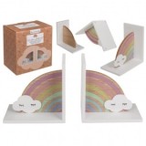 Suport carti din lemn, Bookend, set 2 bucati, motiv curcubeu cu nori, 15.5x15.5x10 cm