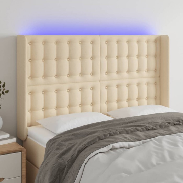 vidaXL Tăblie de pat cu LED, crem, 147x16x118/128 cm, textil 3124485