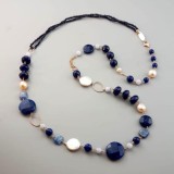 Cumpara ieftin Colier Argint 925 placat aur roz, agat albastru, calcedonie, cianit, perle cultura 80cm, Maya, Made in Italy