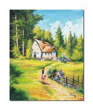 Tablou pictat manual, La casa de langa padure, amintiri din copilarie, 60x50cm ulei pe panza, gata de expus pe perete