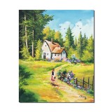 Tablou pictat manual, La casa de langa padure, amintiri din copilarie, 60x50cm ulei pe panza, Constantin Feraru