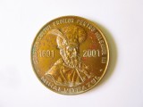 Rară! Rom&acirc;nia medalie mare Mihai Viteazul 1601-2001 emisă de Asociația Cultul Eroilor,diametrul=60 mm,greutate=103 grame