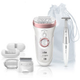 Epilator Braun Silk-&eacute;pil 9 9/890 SensoSmart&trade;, Micro-Grip, Wet &amp;amp; Dry, 40 pensete, Saculet pentru voiaj, + Trimmer, Alb/Roz