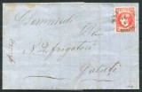 1868 , Lp 24 b , Plic circulat BOLGRAD 16/9 GALATI 17/9 , francat cu o marca 18 BANI rosu / hartie galbuie