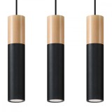 Lampă Suspendată Pablo Lemn Natural/Negru Oțel/Lemn 3 Becuri Tub Modern De Interior