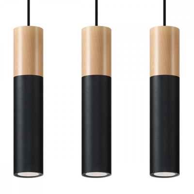Lampă Suspendată Pablo Lemn Natural/Negru Oțel/Lemn 3 Becuri Tub Modern De Interior foto