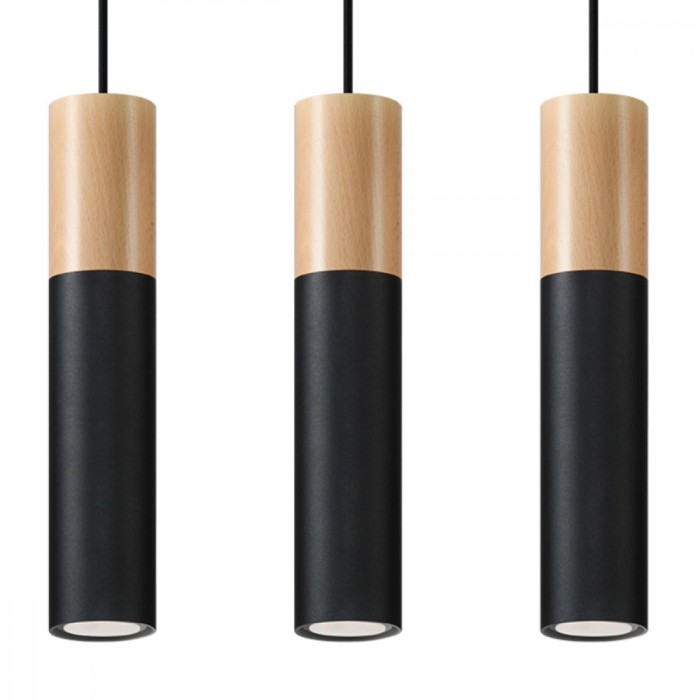 Lampă Suspendată Pablo Lemn Natural/Negru Oțel/Lemn 3 Becuri Tub Modern De Interior