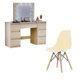 Masa de toaleta/machiaj + Scaun stil scandinav, Artool, Vanessa, stejar, cu oglinda si LED-uri, 130x43x143 cm