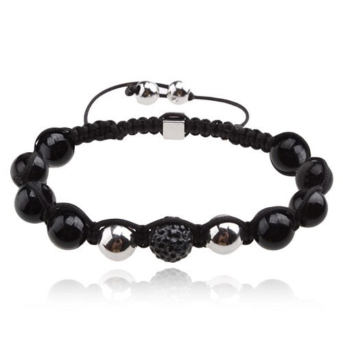 Brățară Shamballa, bilă cu zirconii, mărgele mate, negre