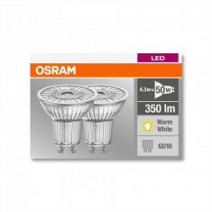 Set 2 spoturi LED Osram Par16, GU10, 4.3W (50W), 230V, lumina calda (2700K), 350 lumeni, durata de viata 15.000 de ore, clasa energetica A+ foto