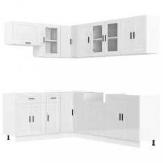 Set dulap de bucatarie 11 piese &bdquo;Porto&rdquo; alb lucios Lemn