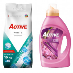 Detergent pudra pentru rufe albe Active, sac 10kg, 135 spalari + Balsam de rufe Active Happy Day, 1.5 litri, 60 spalari