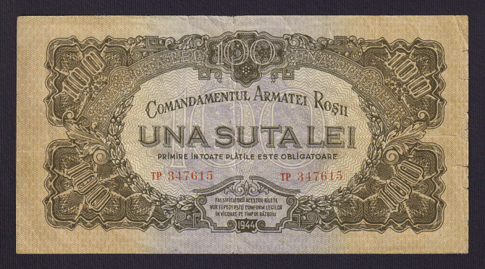 100 Lei - 1944 - Comandamentul Armatei Rosii, Ocupatia Rusa. CAR . Rara ! ( 1 )