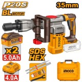 Picamer Demolator Profesional 20V INGCO CDBLI203582E, SDS HEX 35 mm, motor brushless, energie impact 16J, 0-3200 bpm, 2 acumulatori 5.0Ah, incarcator,