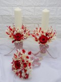 Set buchet si lumanari tip fagure cu trandafiri criogenati si plante naturale uscate si criogenate - Alb Rosu (Model Traditional), Eventissimi&reg;