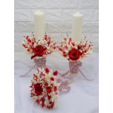 Set buchet si lumanari tip fagure cu trandafiri criogenati si plante naturale uscate si criogenate - Alb Rosu (Model Traditional)