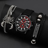 Cumpara ieftin Set Cadou Barbati Deyros: Ceas Quartz, Bratara Piele &amp; Lant Scorpion Otel Inoxidabil. Elegant, Robust, Cadou Aniversare/Craciun