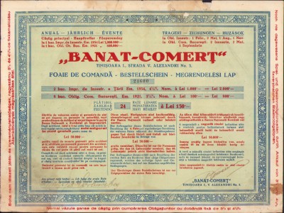 HST A1582 Foaie comandă Banat Comerț pentru obligațiuni anii 1930 foto