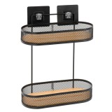 Suport Cosmetice Oval 2 Rafturi Metal/Bambus Cu Adeziv &ndash; Negru / Bamboo | Etajere Baie
