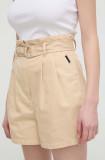 HUGO pantaloni scurți femei, culoarea bej, uni, high waist, 50511914