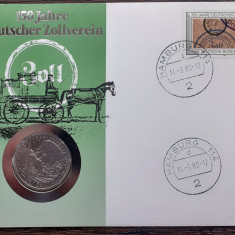 GERMANIA - FDC SI MONEDA 5 MARK 1984 D, 150 ANI UNIUNEA VAMALA, MONEDA UNC