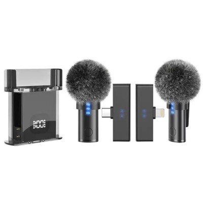 Set 2 Microfoane Lavaliera Profesionale CRISTALIS SALE&amp;trade;, Cu Accesorii Full, Design Unic Cu Magnet, Mufe Type C si Lightning , Reducere zgomot DSP, Afi foto