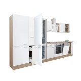 Mobilă de bucătărie Yorki 370, corp din stejar sonoma, față alb satinat cu element cuptor inferior, dulap cu rafturi și frigider congelator inferior.