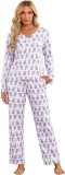 Set de pijamale pentru femei Y2K cu imprimeu animalier, cu nervuri, cu nasturi, cu maneci lungi, două piese, pentru relaxare &ndash; Mov S