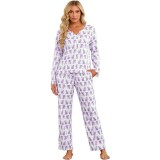 Set de pijamale pentru femei Y2K cu imprimeu animalier, cu nervuri, cu nasturi, cu maneci lungi, două piese, pentru relaxare &ndash; Mov S