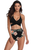 Cumpara ieftin Costum de baie pentru femei format din 2 piese, bustiera si slip modern, set tankini ideal pentru plaja sau inot, negru cu roz si imprimeu floral, mar