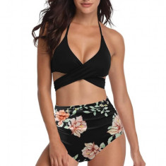 Costum de baie pentru femei format din 2 piese, bustiera si slip modern, set tankini ideal pentru plaja sau inot, negru cu roz si imprimeu floral, mar