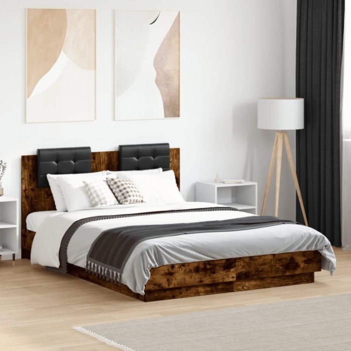 vidaXL Cadru de pat cu tăblie și lumini LED, stejar fumuriu, 120x190cm 3210056