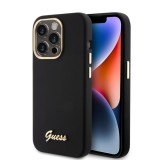 Husa pentru iPhone 15 Pro - Guess Silicone Script Metal Logo &amp; Frame (GUHCP15LSMBSLK) - Black