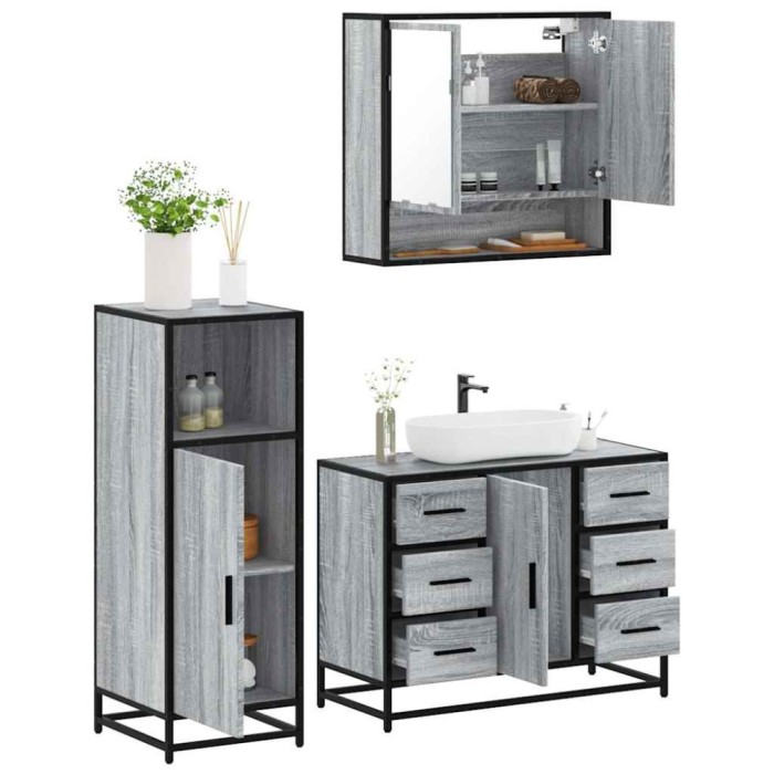 vidaXL Set mobilier de baie, 3 piese, gri sonoma, lemn prelucrat 3300993