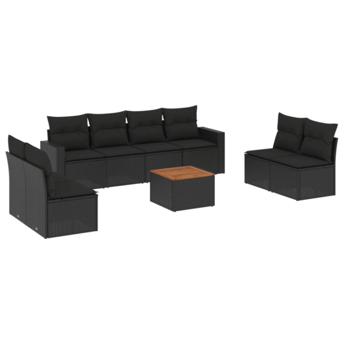 Set mobilier de gradina cu perne, 9 piese, negru, poliratan