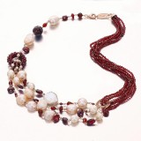 Colier Argint 925 placat aur roz, perle cultura, granat, 50cm. Bijuterie handmade Italia. Set cu bratara, cercei, inel Glamour